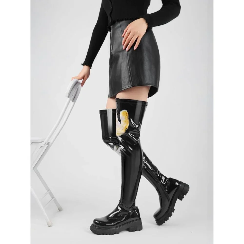 Women Black-lace Up Synthetic Comfortable Thigh High Over The Knee High Boot
